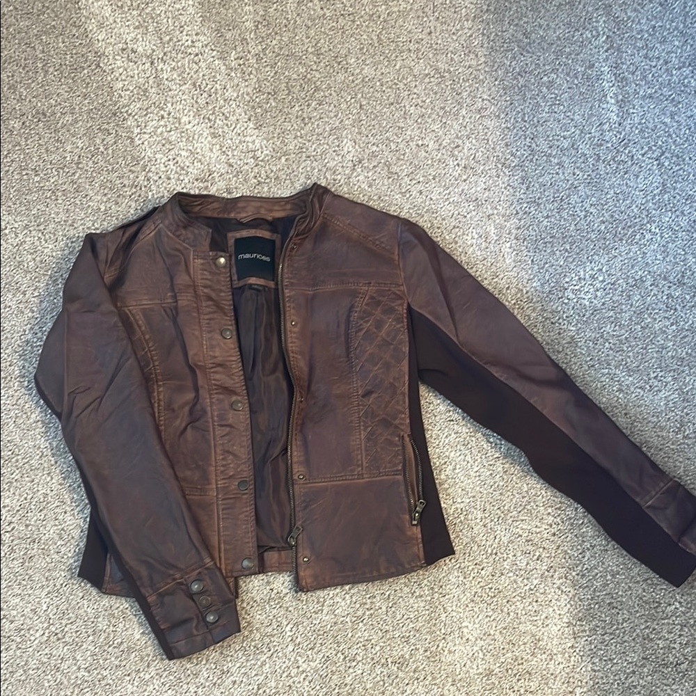 Maurices Brown Leather Jacket Structured Silhouette Open Front
